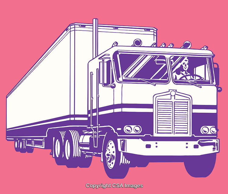Colorful Line Art of Semi-Truck with Female Driver in Pink Background