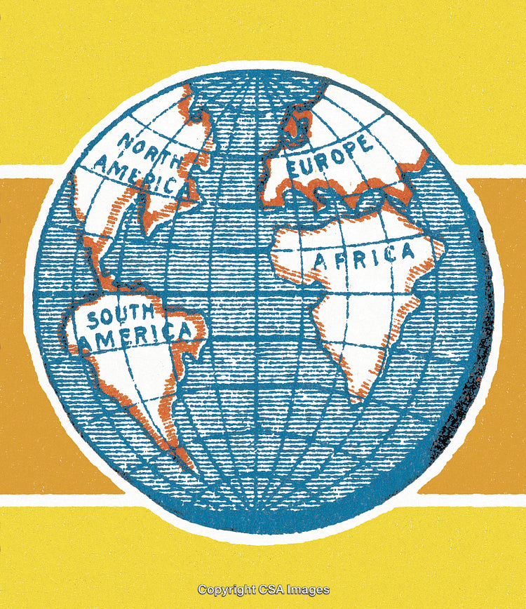 Illustrative Globe with Highlighted Continents and Mid-Century Style
