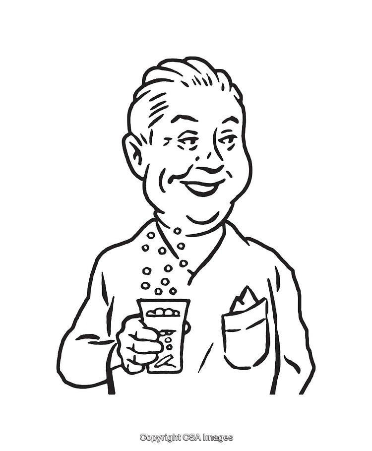 Black And White Illustration of a Smiling Person Holding a Glass