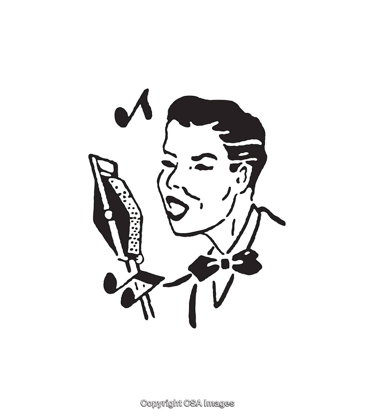 Black and White Illustration of a Singer Performing with a Microphone