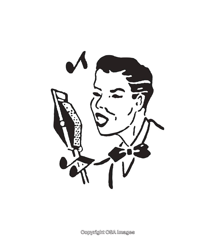 Black and White Illustration of a Singer Performing with a Microphone
