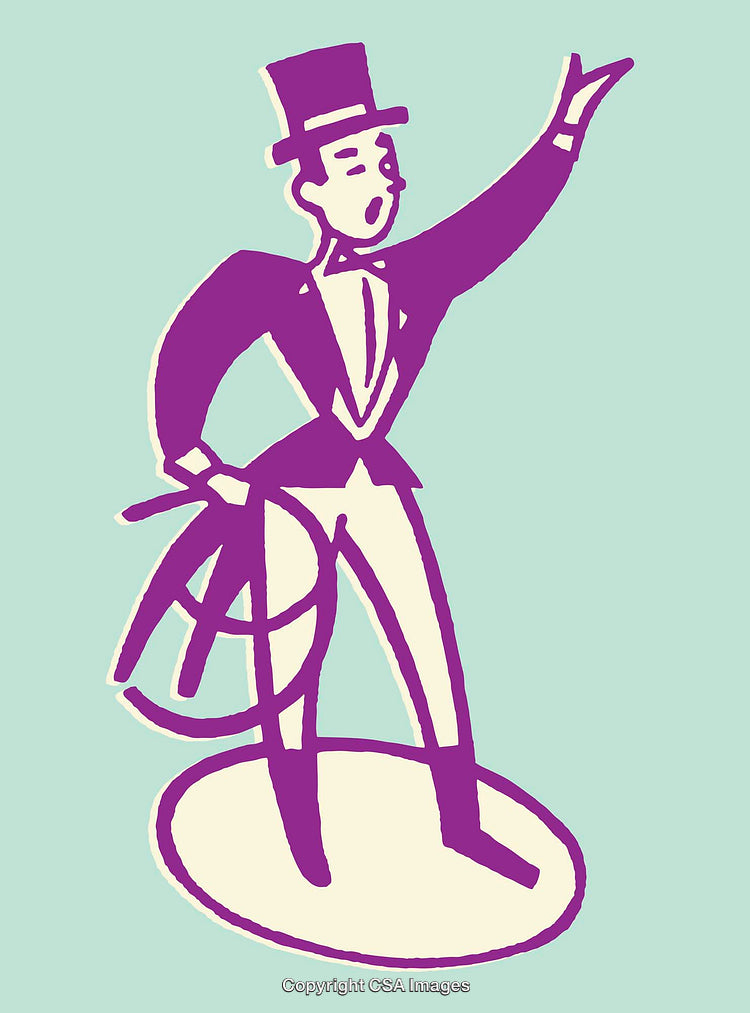 Vintage Line Art Illustration of a Circus Ringmaster Gesturing Enthusiastically