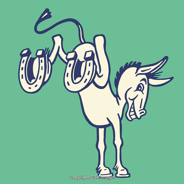 Whimsical Illustration of a Donkey Holding Horseshoes on a Bright Background