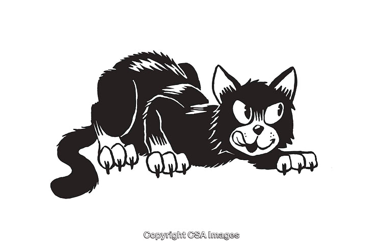 Playful Cartoon Cat Illustration in Black and White Line Art Style