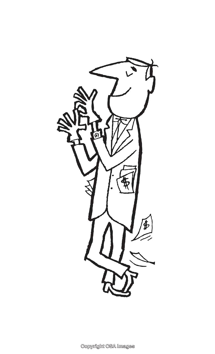Humorous Black and White Line Art Illustration of a Money-Focused Businessperson