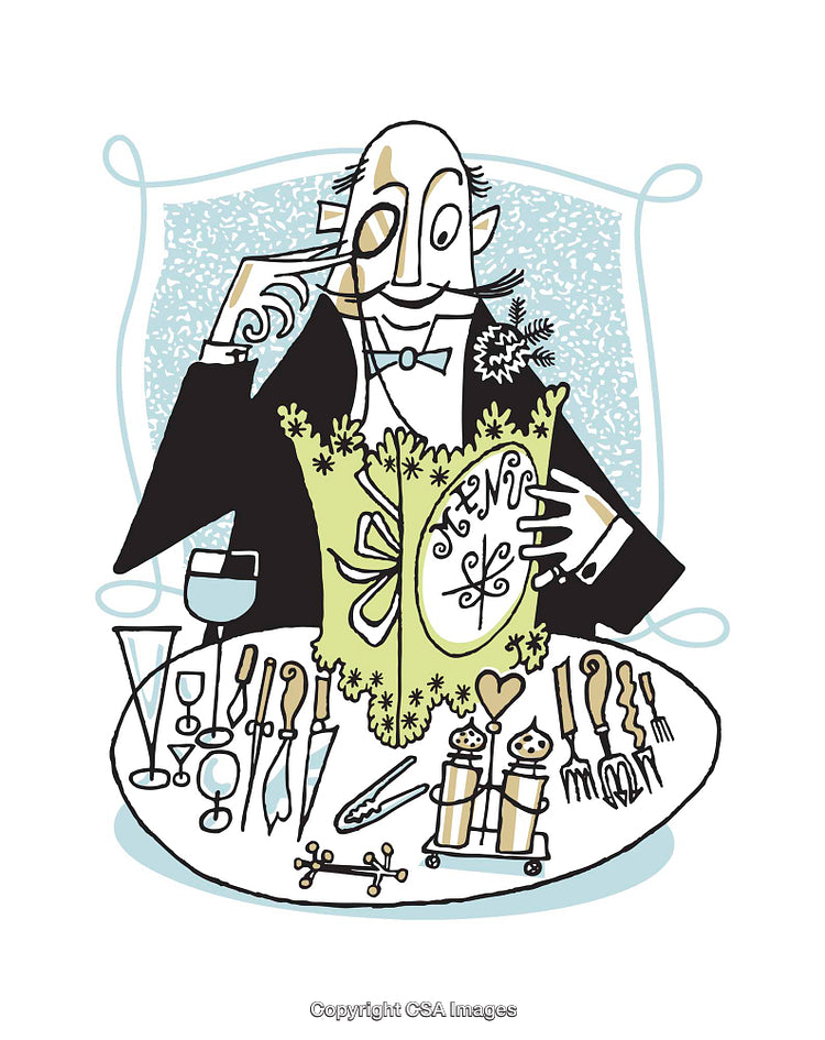Elegant Gentleman Reading Menu at Decorated Restaurant Table Illustration