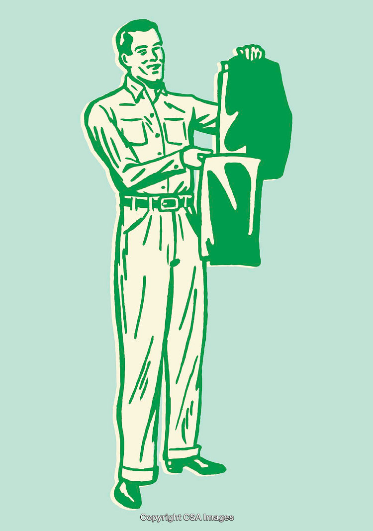 Retro Style Illustration of a Man Holding Trousers in Green Tone