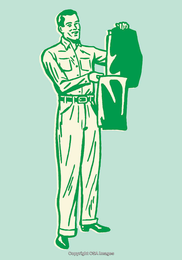 Retro Style Illustration of a Man Holding Trousers in Green Tone