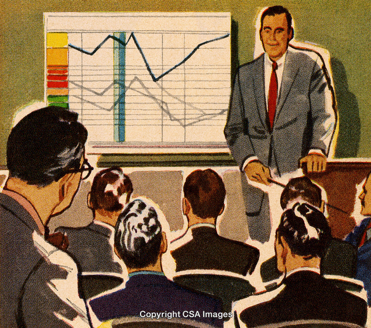 Business Presentation in Retro Style with Graphs and Professional Audience