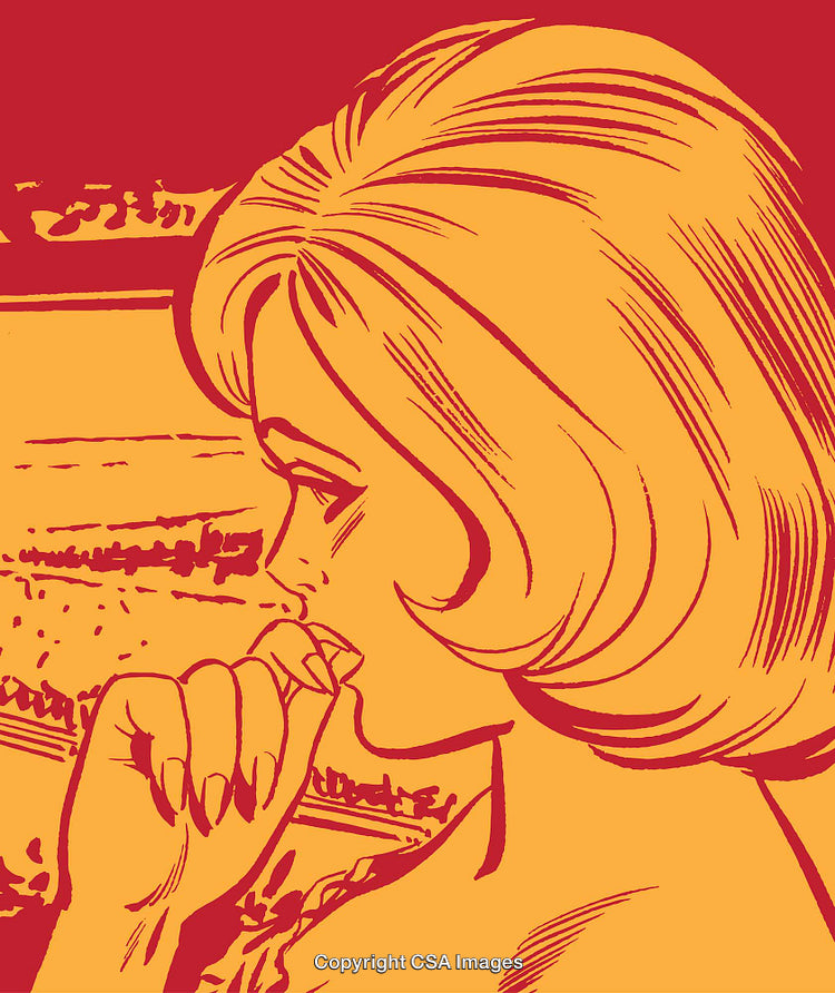Retro Illustration of a Thoughtful Woman in Bold Red and Yellow Art Style