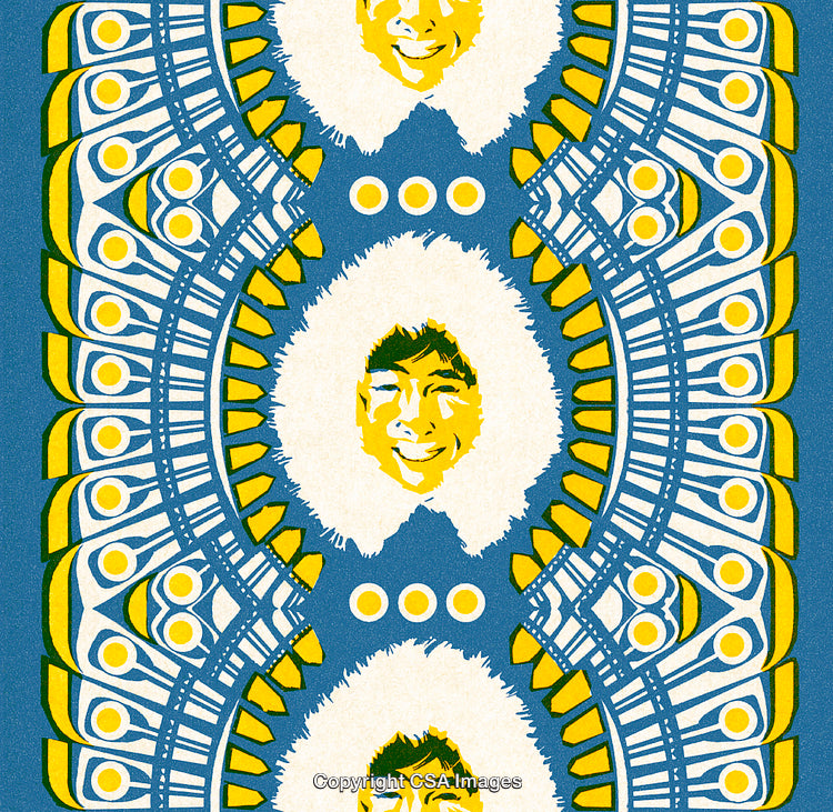 Intricate Blue and Yellow Pattern Featuring Smiling Faces and Abstract Designs