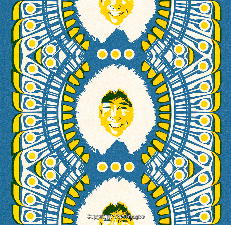 Intricate Blue and Yellow Pattern Featuring Smiling Faces and Abstract Designs