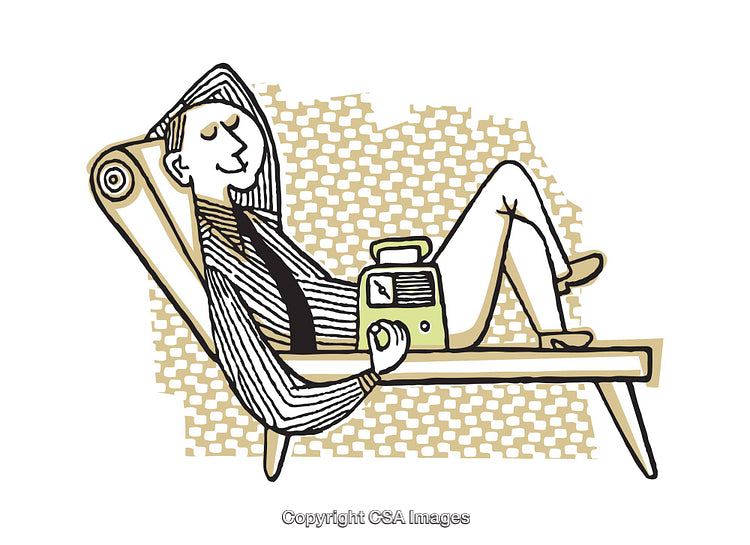 Relaxed Man Listening To Vintage Radio Sitting On a Stylish Chaise Lounge