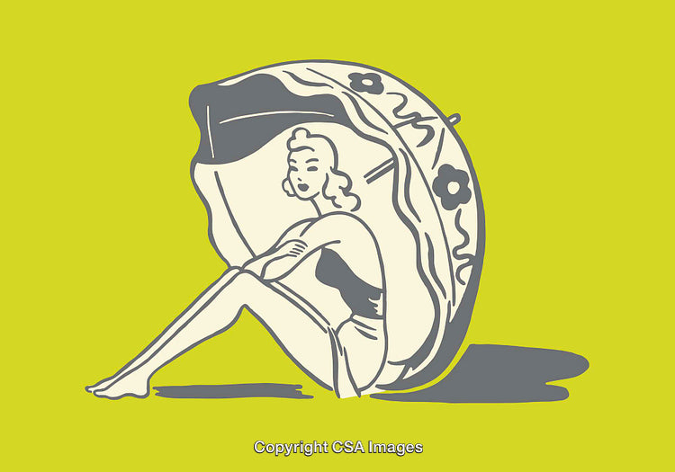 Retro-Style Woman Sitting Under a Decorative Umbrella Illustration