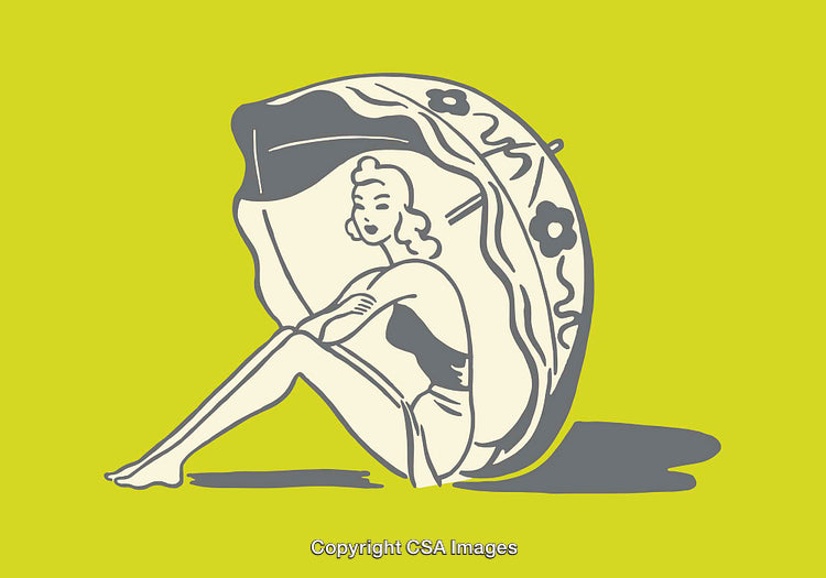 Retro-Style Woman Sitting Under a Decorative Umbrella Illustration