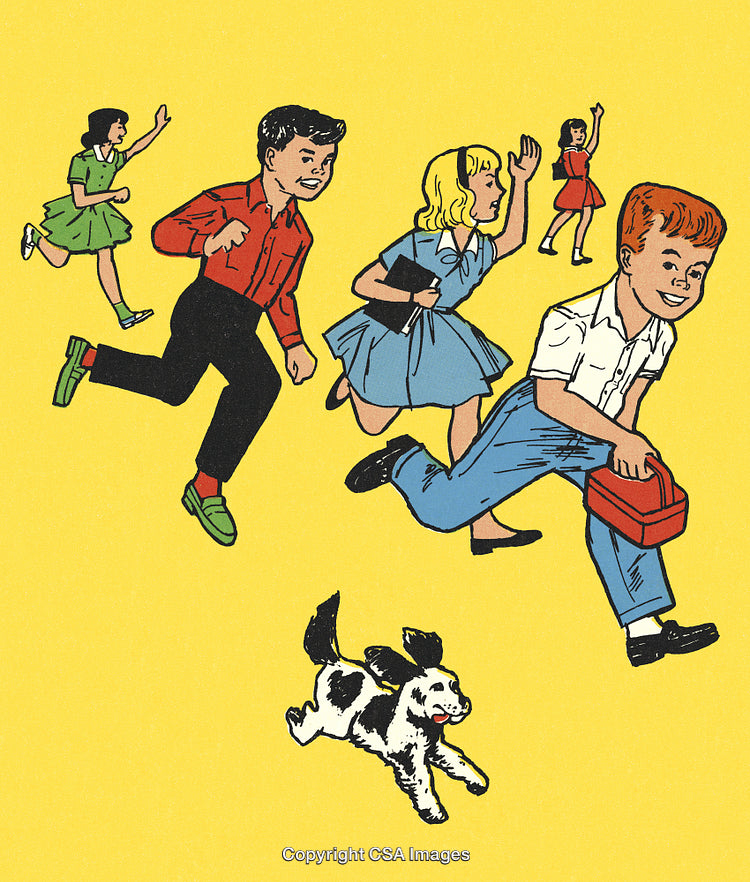 Children Running Playfully Outdoors with a Dog on a Sunny Day