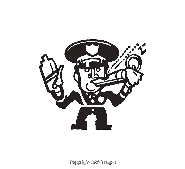 Black and White Line Art of a Whistling Police Officer Illustration