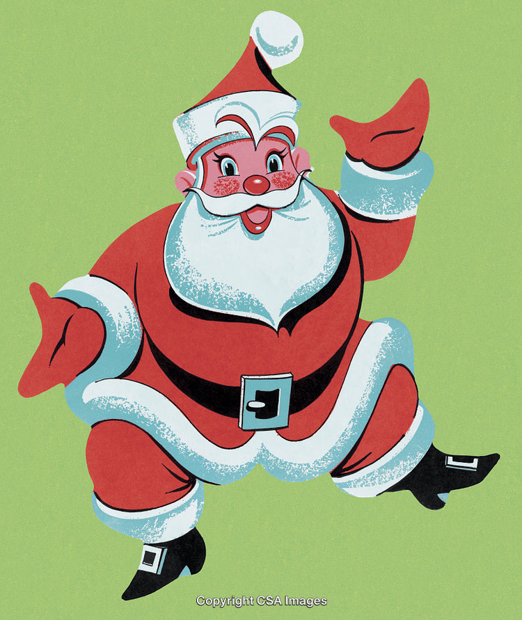 Cheerful Santa Claus Illustration on Green Background in Retro Art Style