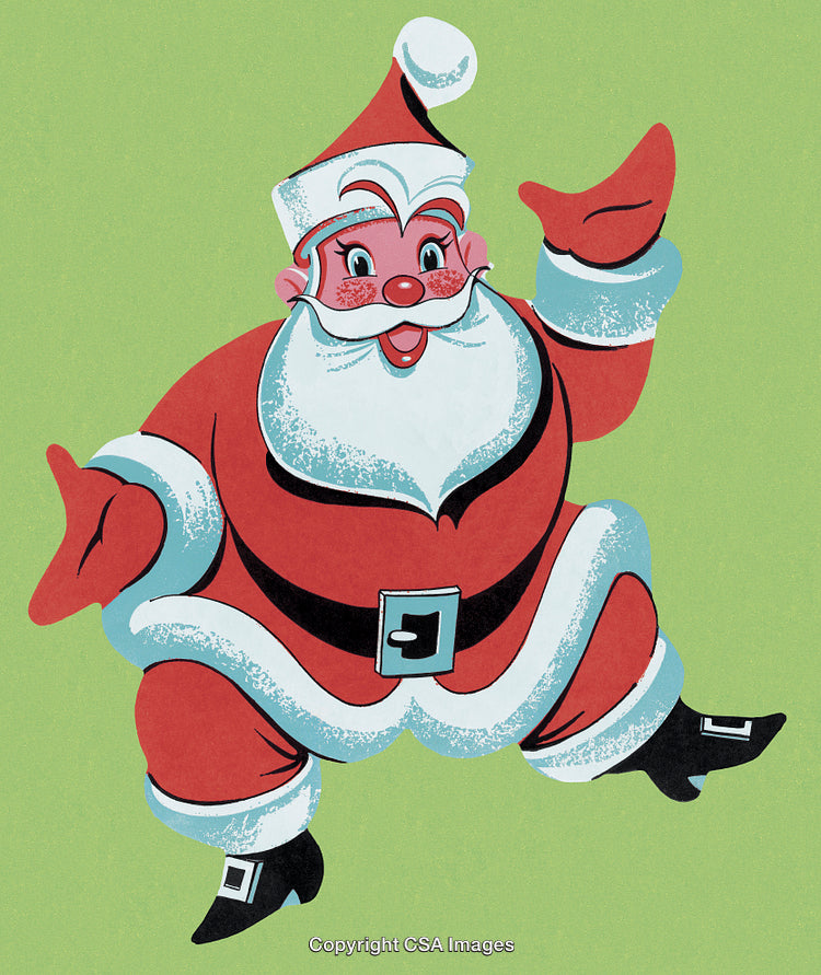 Cheerful Santa Claus Illustration on Green Background in Retro Art Style