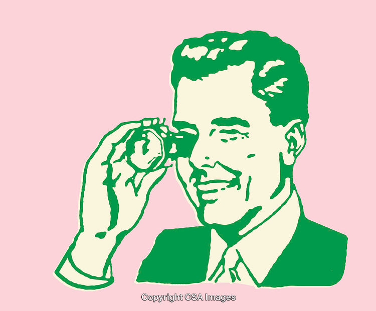 Vintage-Style Illustration of a Man Holding a Monocle on Pink Background