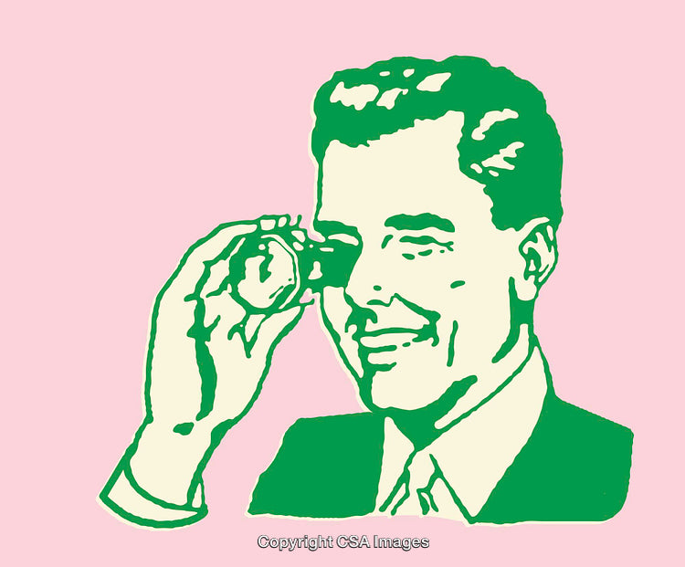 Vintage-Style Illustration of a Man Holding a Monocle on Pink Background