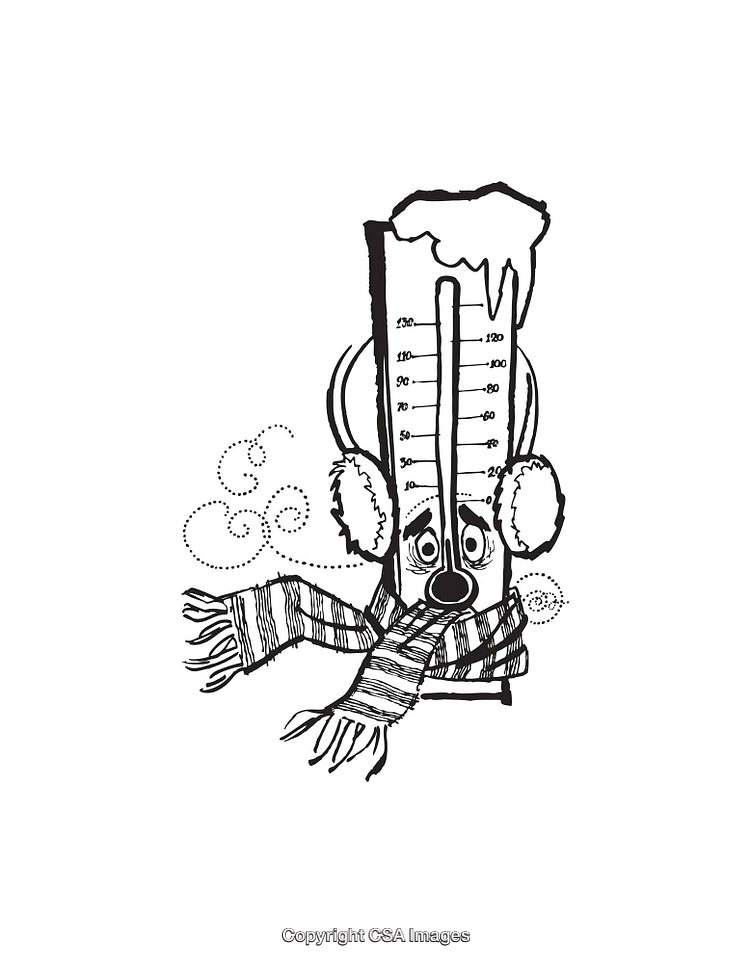 Cartoon Thermometer Illustration Depicting Cold Weather in Black and White