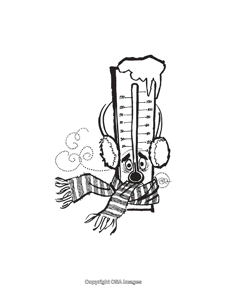 Cartoon Thermometer Illustration Depicting Cold Weather in Black and White