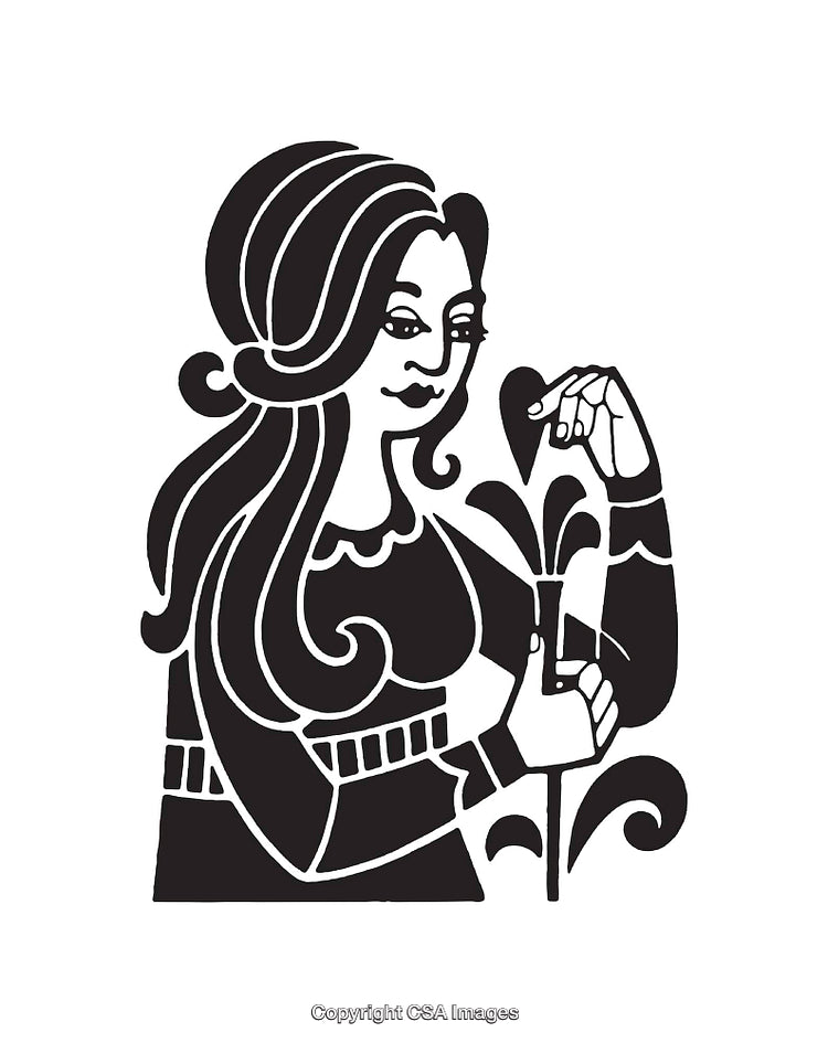 Stylized Black and White Abstract Line Art of a Woman and Flora