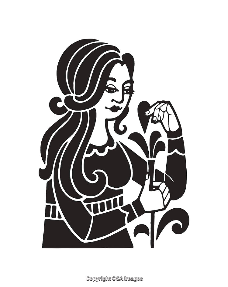 Stylized Black and White Abstract Line Art of a Woman and Flora