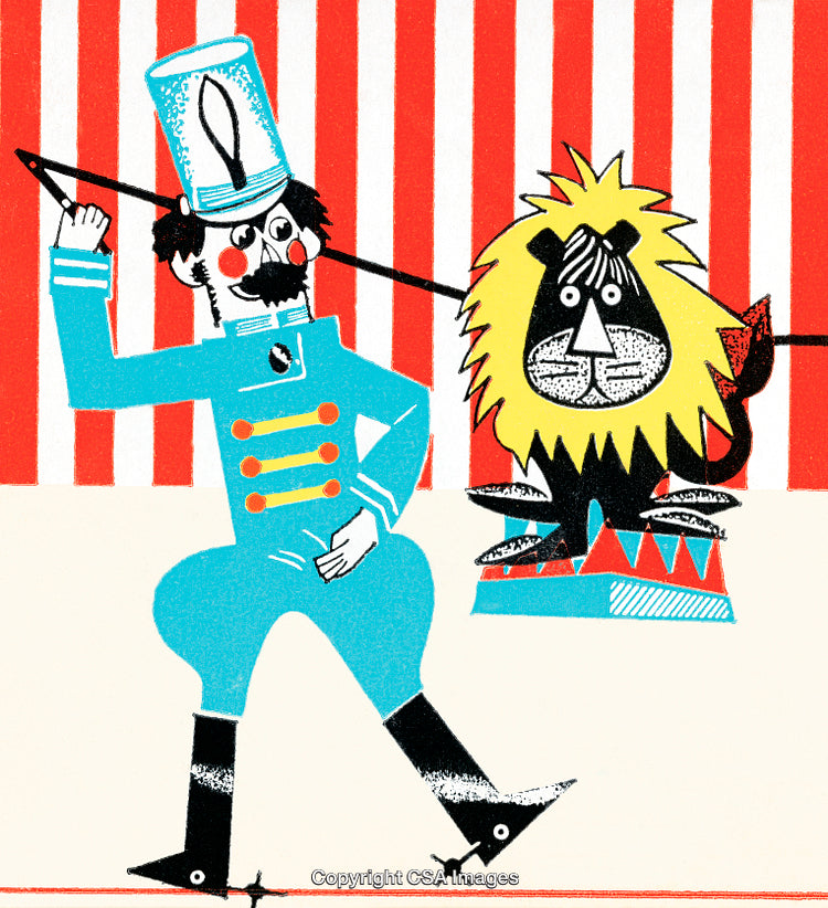 Whimsical Illustration of Lion Tamer with Striped Circus Tent Background