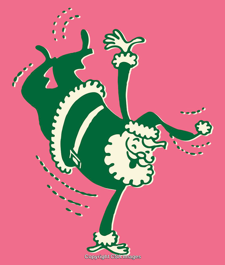 Dynamic Illustration of Santa Claus Performing a Handstand on Pink Background