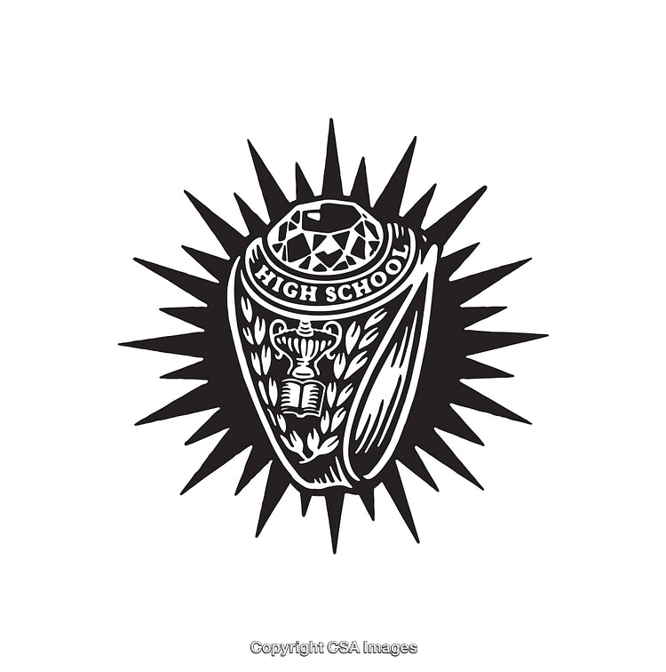 Detailed Black and White High School Ring Line Art Illustration