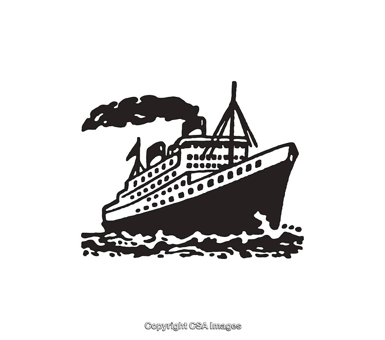 Vintage Black and White Line Art of a Cruise Ship on Waves