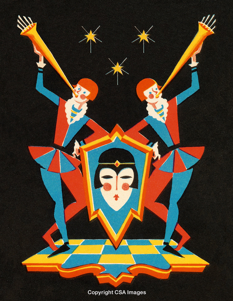 Colorful Heraldic Artwork with Trumpeters and Geometric Illustrations