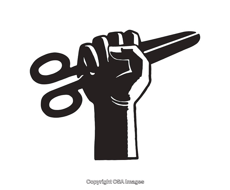 Black-and-White Illustration of a Hand Holding a Pair of Scissors