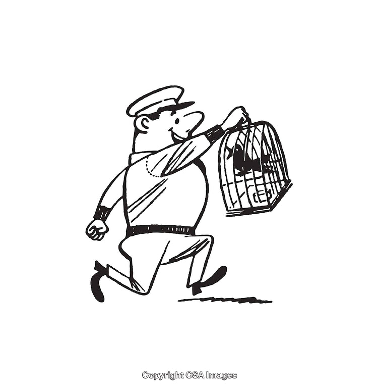 Cartoon Postman Carrying a Birdcage Running With a Cheerful Gait