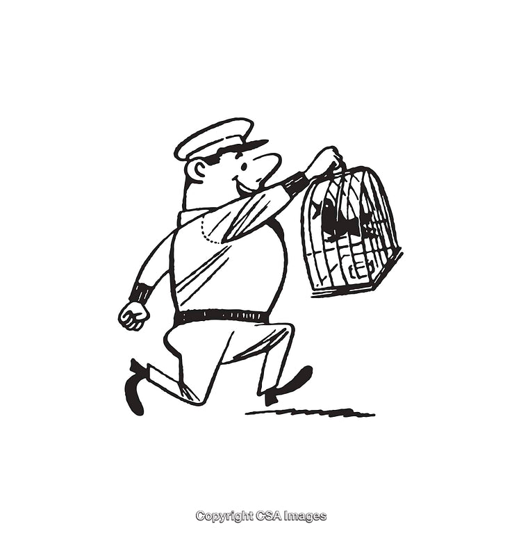 Cartoon Postman Carrying a Birdcage Running With a Cheerful Gait