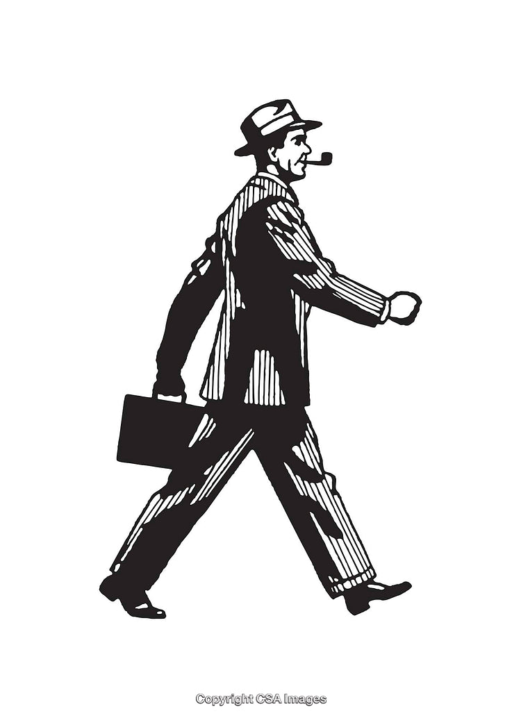 Black and White Illustration of Businessman Walking with Briefcase and Pipe