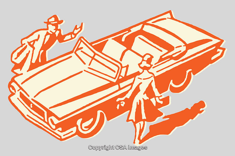 Vintage Line Art Illustration of Couple and Classic Convertible in Retro Style