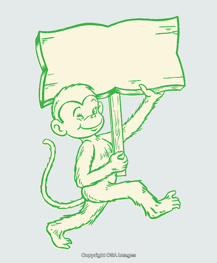 Cheerful Monkey Holding a Blank Sign in Playful Line Art Illustration