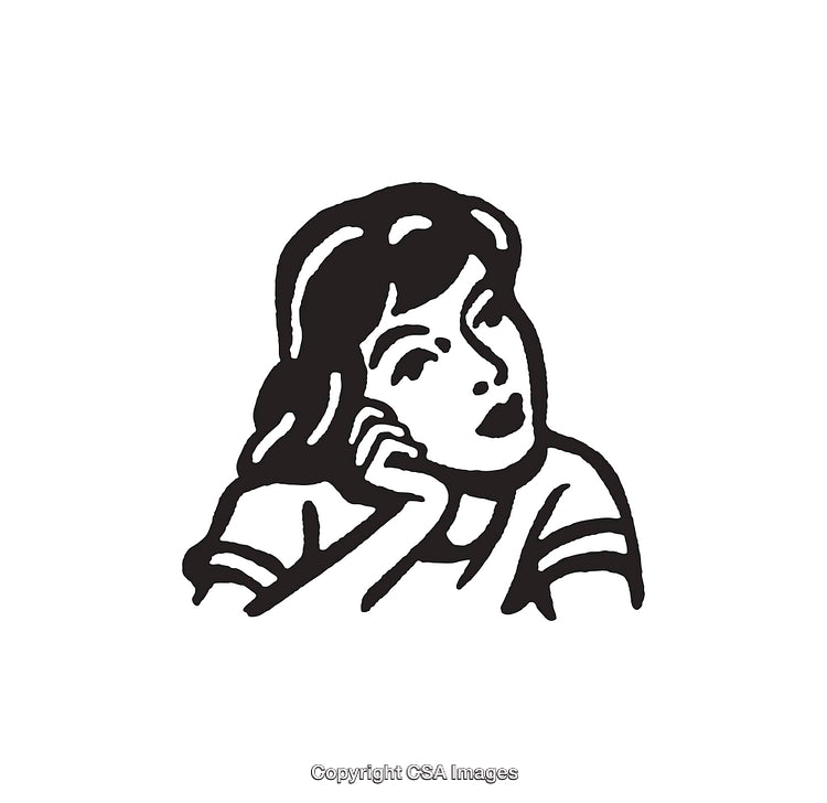 Retro Line Art Illustration of a Pensive Young Woman