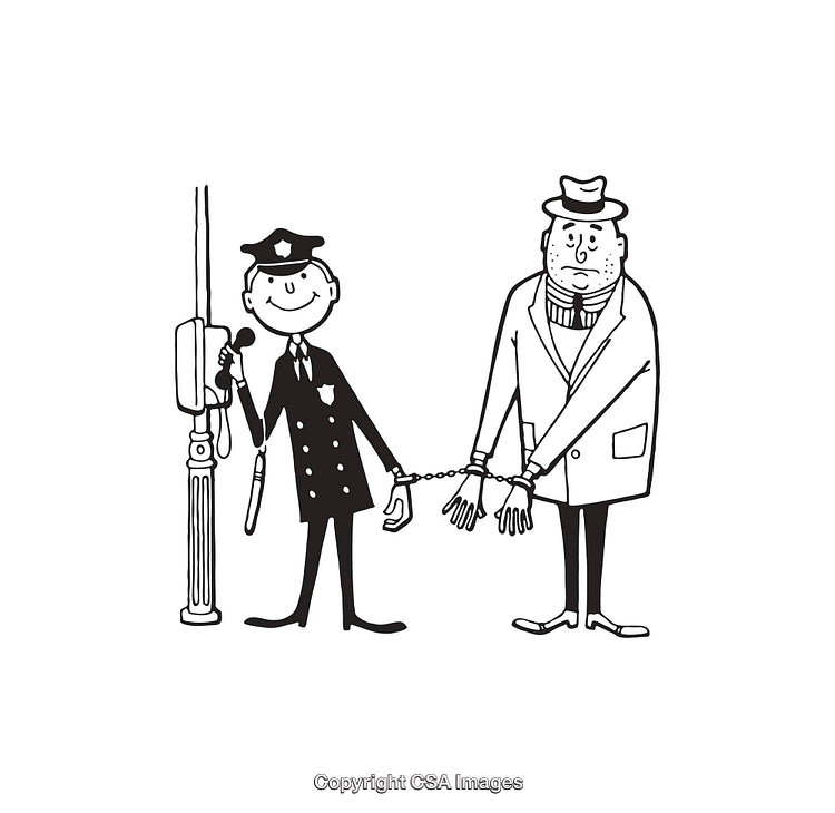 Black And White Line Art Illustration of Police Officer Arresting a Suspect