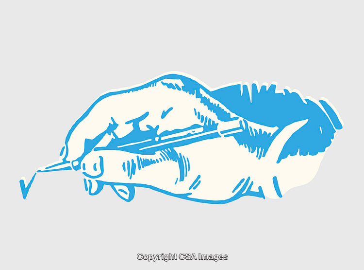 Blue Line Art of Hand Holding Pen in a Writing Position