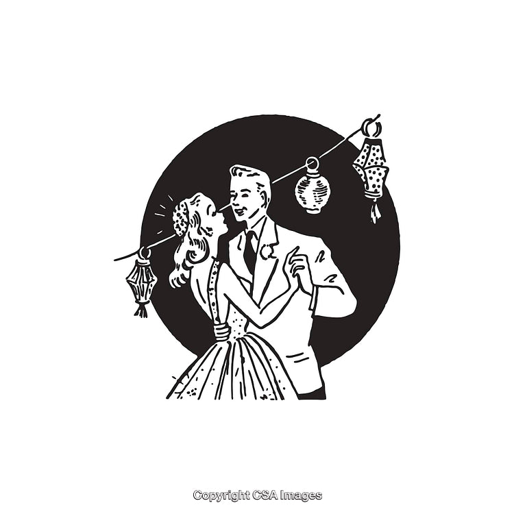 Retro Illustration of a Couple Dancing Under Festival Lanterns