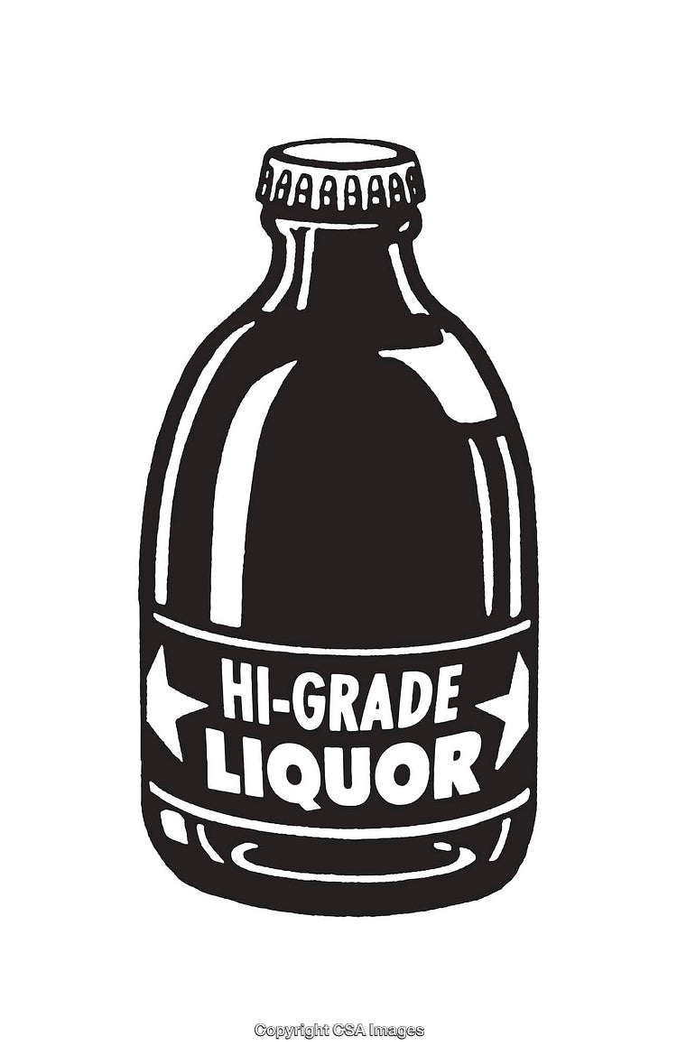 Black and White Illustration of a Liquor Bottle with Retro Design