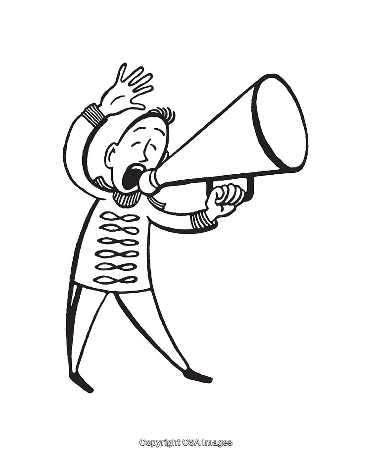 Black and White Line Art of a Person Shouting into a Megaphone