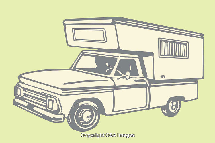 Retro Line Art Illustration of Camper Truck on Green Background