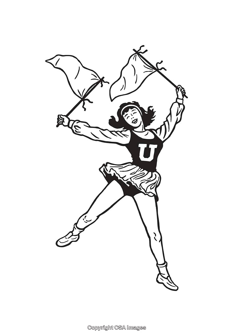 Black and White Illustration of Cheerleader Waving Flags Enthusiastically