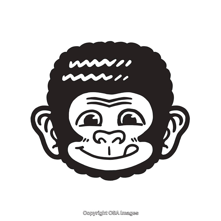 Whimsical Monkey Face Illustration in Black and White Line Art Style