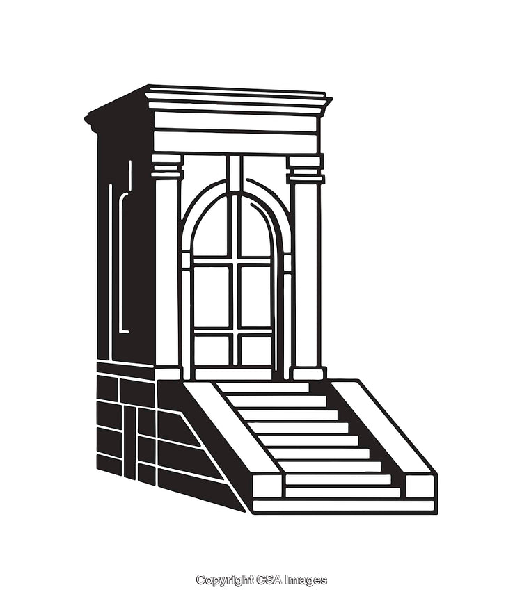 Black and White Line Art of Steps Leading to an Elegant Doorway